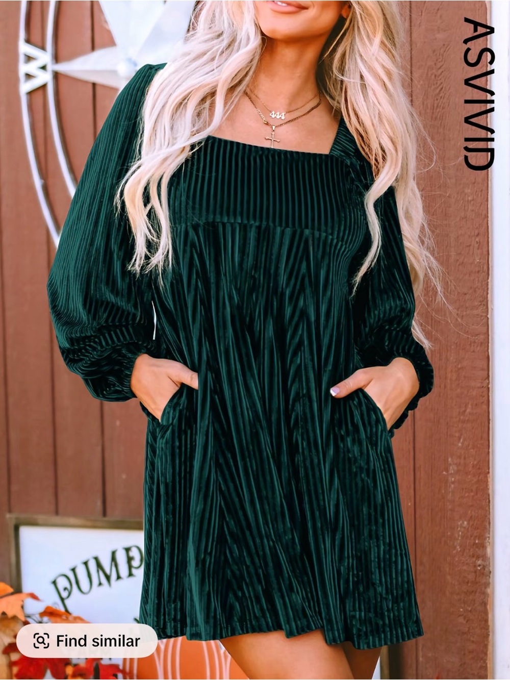 Emerald Green Long-Sleeve Pleated Square-Neck Dress with Pockets